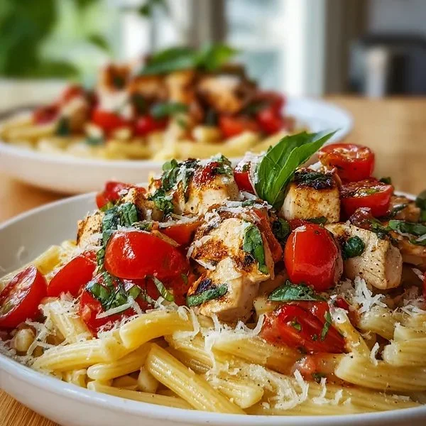 Delicious Bruschetta Chicken Pasta with fresh tomatoes and basil