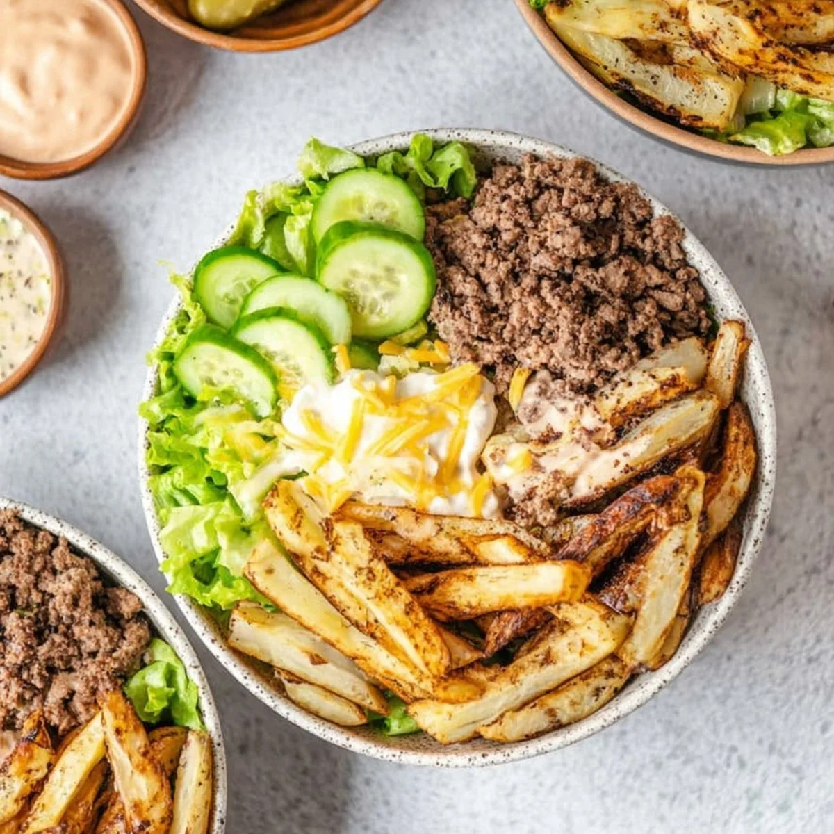 Delicious and colorful Burger Bowls with fresh ingredients