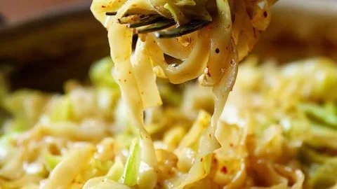 Delicious plate of cabbage and noodles garnished with herbs