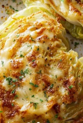 Cabbage steaks topped with melted cheese, garnished and served on a plate.