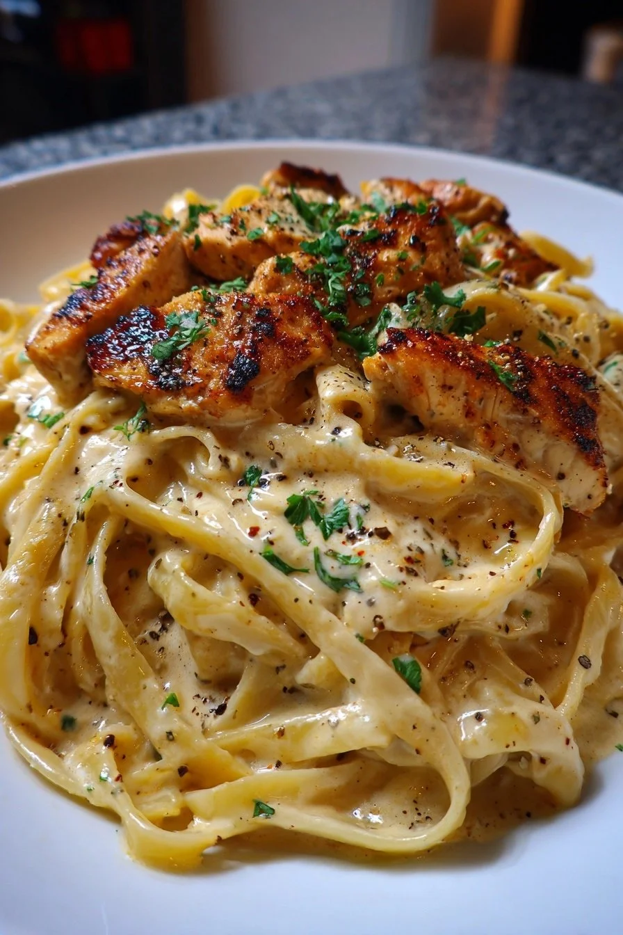 Creamy Cajun chicken alfredo dish garnished with herbs on a plate