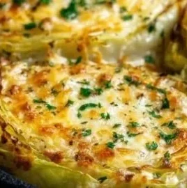 Cheesy baked cabbage steaks topped with melted cheese and herbs on a plate