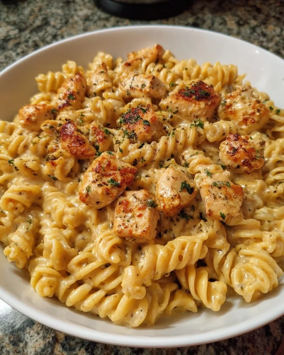 Cheesy chicken pasta skillet topped with melted cheese and herbs