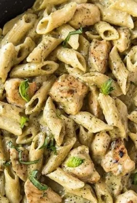 Creamy Cheesy Pesto Chicken Pasta garnished with fresh basil and cheese