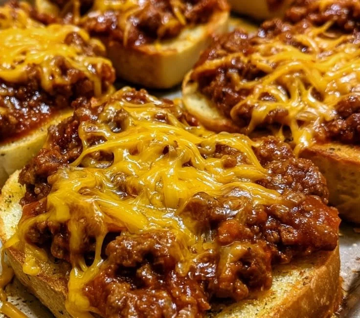 Cheesy Sloppy Joe Garlic Toast served on a plate with fresh herbs