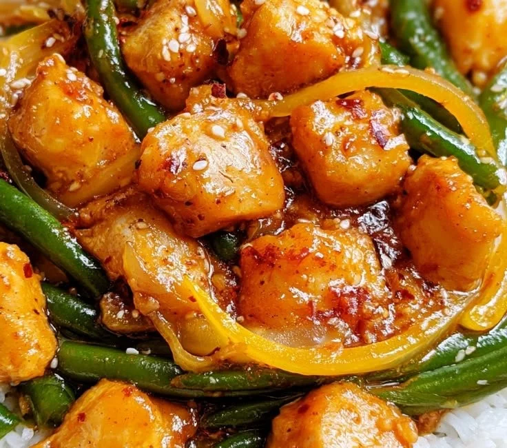 Chicken stir fry with green beans served in a bowl