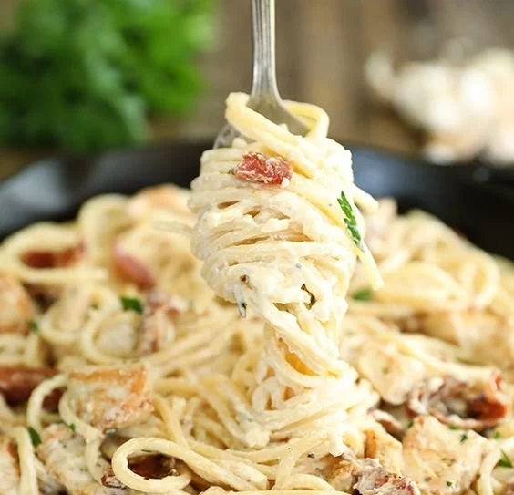 Delicious Cream Cheese Bacon Chicken Pasta served in a bowl