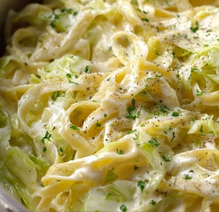 Creamy Alfredo Cabbage Pasta served in a bowl with fresh herbs