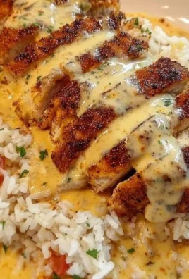 Creamy Cajun chicken dish served over rice with spices and herbs.