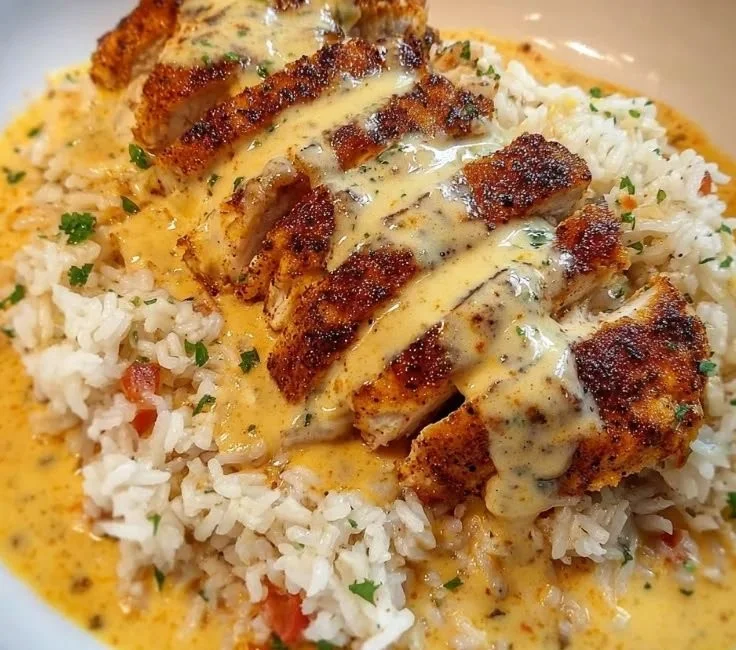 Creamy Cajun chicken dish served over rice with spices and herbs.