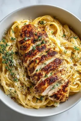 Delicious creamy chicken pasta served in a bowl with herbs and parmesan cheese