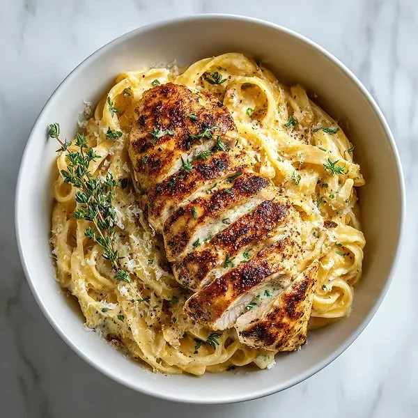 Creamy chicken pasta dish topped with herbs and served on a plate