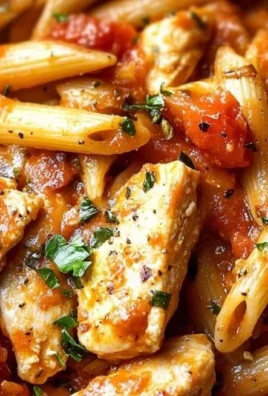 Creamy chicken penne arrabbiata dish garnished with herbs and chili flakes