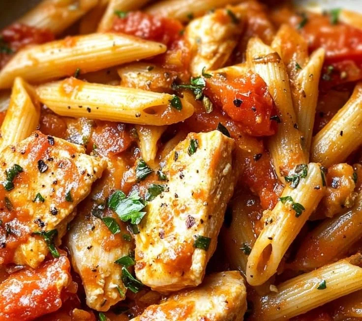 Creamy Chicken Penne Arrabbiata served in a bowl with herbs garnishing
