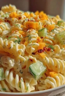 Creamy dill pickle pasta salad in a bowl with fresh herbs and pickles