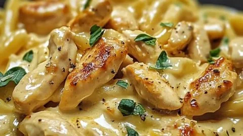 Delicious creamy garlic butter chicken pasta plated with herbs