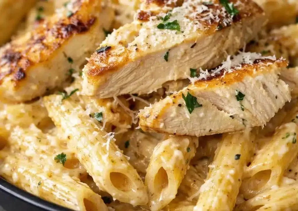 Delicious creamy garlic parmesan chicken served over pasta