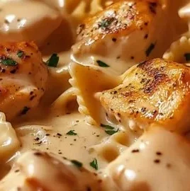 Creamy Marry Me Chicken served with bowtie pasta on a plate