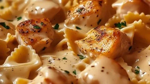 Creamy Marry Me Chicken served over bowtie pasta garnished with herbs