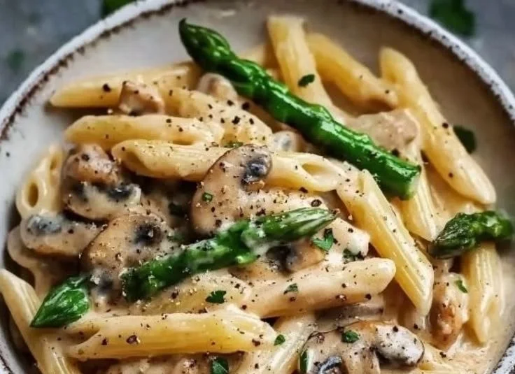Creamy mushroom and asparagus chicken penne served in a bowl