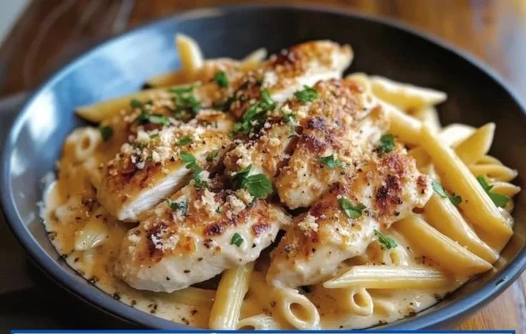 Creamy Parmesan chicken served with penne pasta