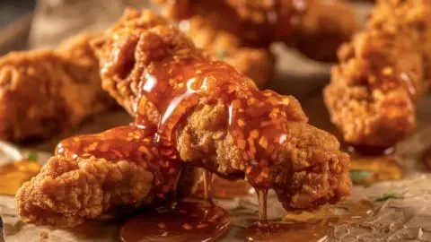 Crispy hot honey chicken tenders served with dipping sauce