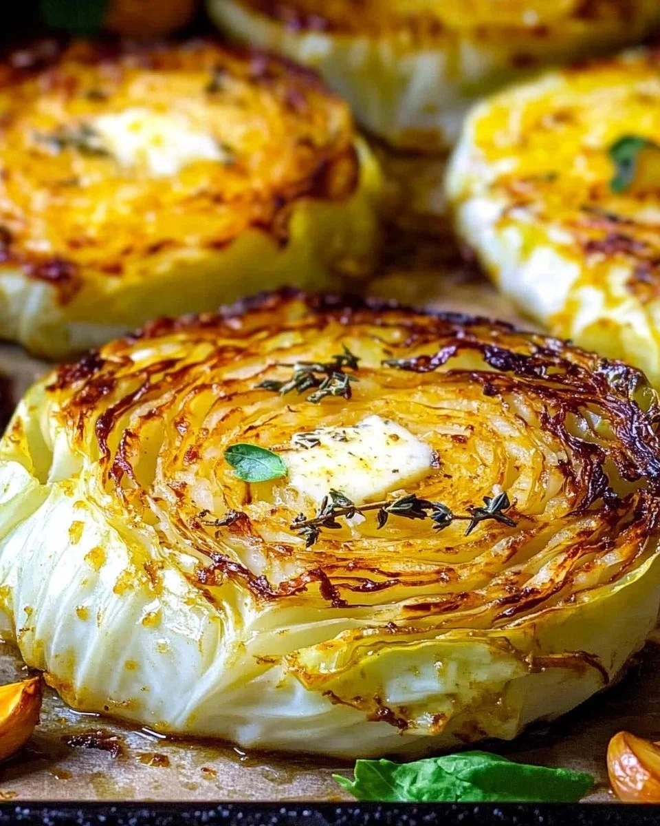 Crispy roasted parmesan cabbage steaks topped with garlic herb butter