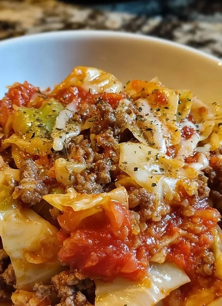 Delicious Crockpot Cabbage Roll Casserole served in a bowl with fresh herbs.