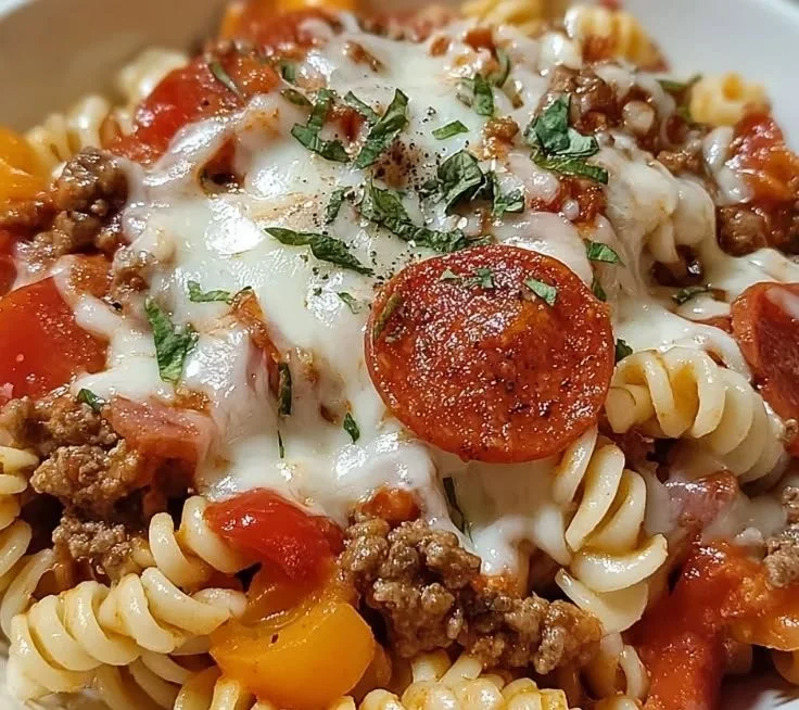Delicious crockpot pizza casserole filled with toppings and melted cheese