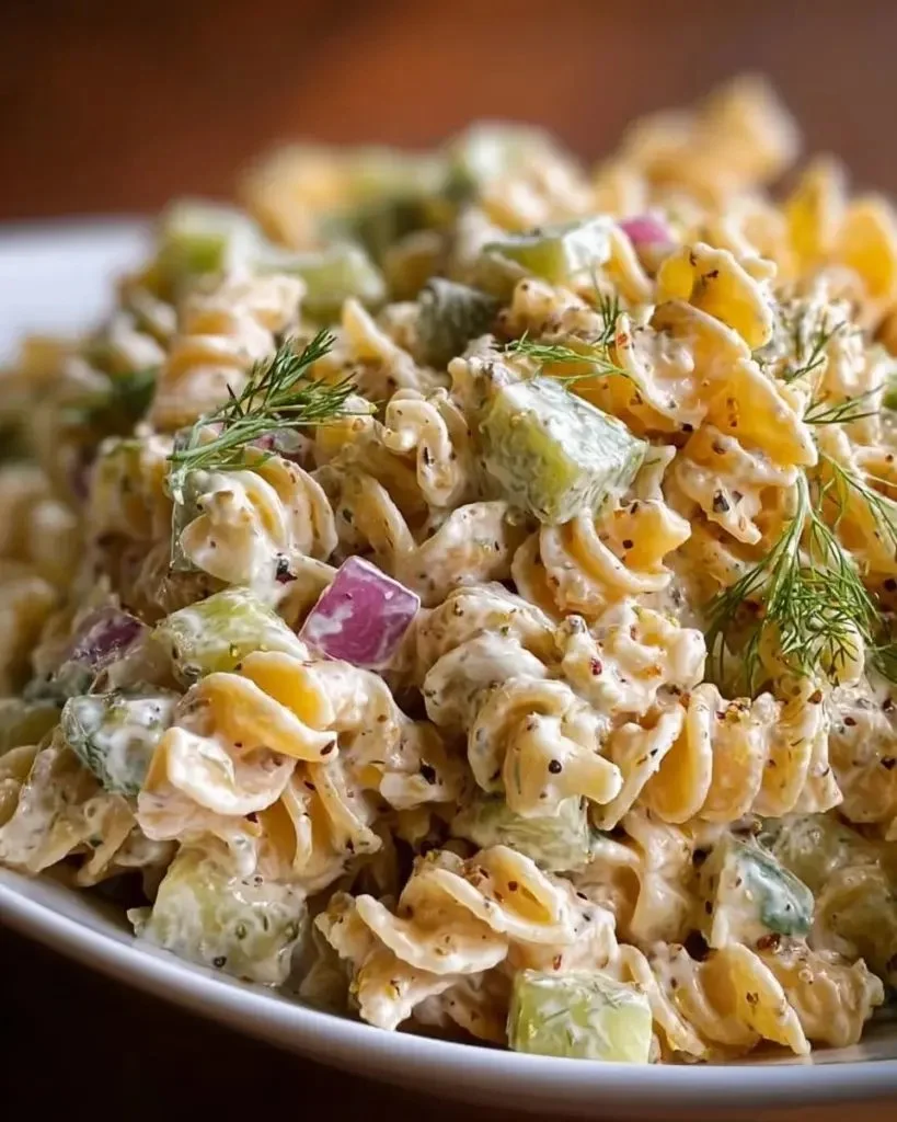 Delicious Dill Pickle Pasta Salad with fresh ingredients in a bowl