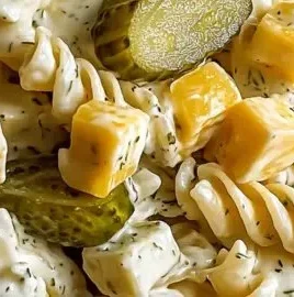 Delicious Dill Pickle Pasta Salad served in a bowl with fresh herbs.
