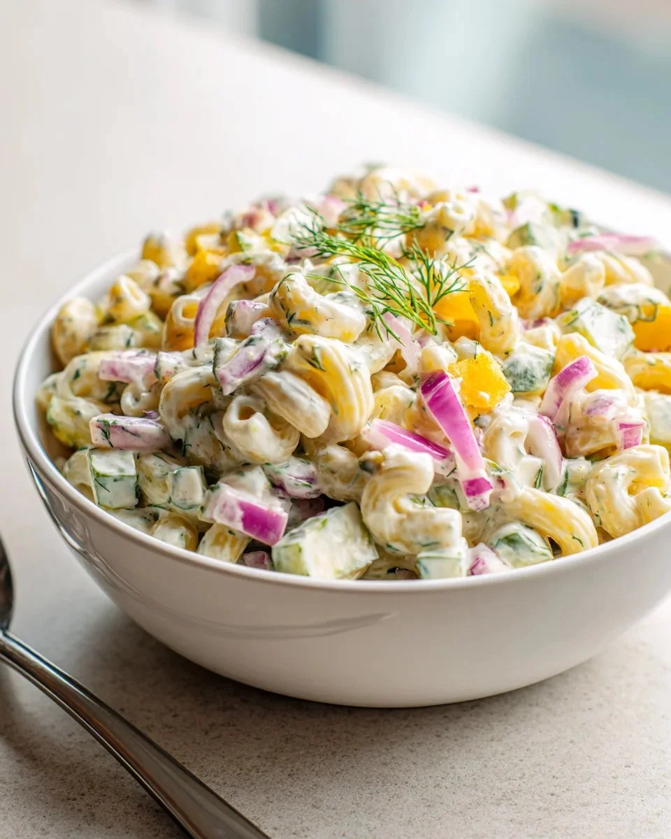 Bowl of Dill Pickle Pasta Salad with cucumbers and dill garnish