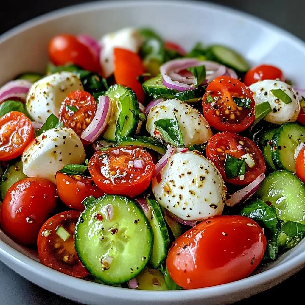 Cucumber caprese salad with fresh mozzarella, tomatoes, and basil