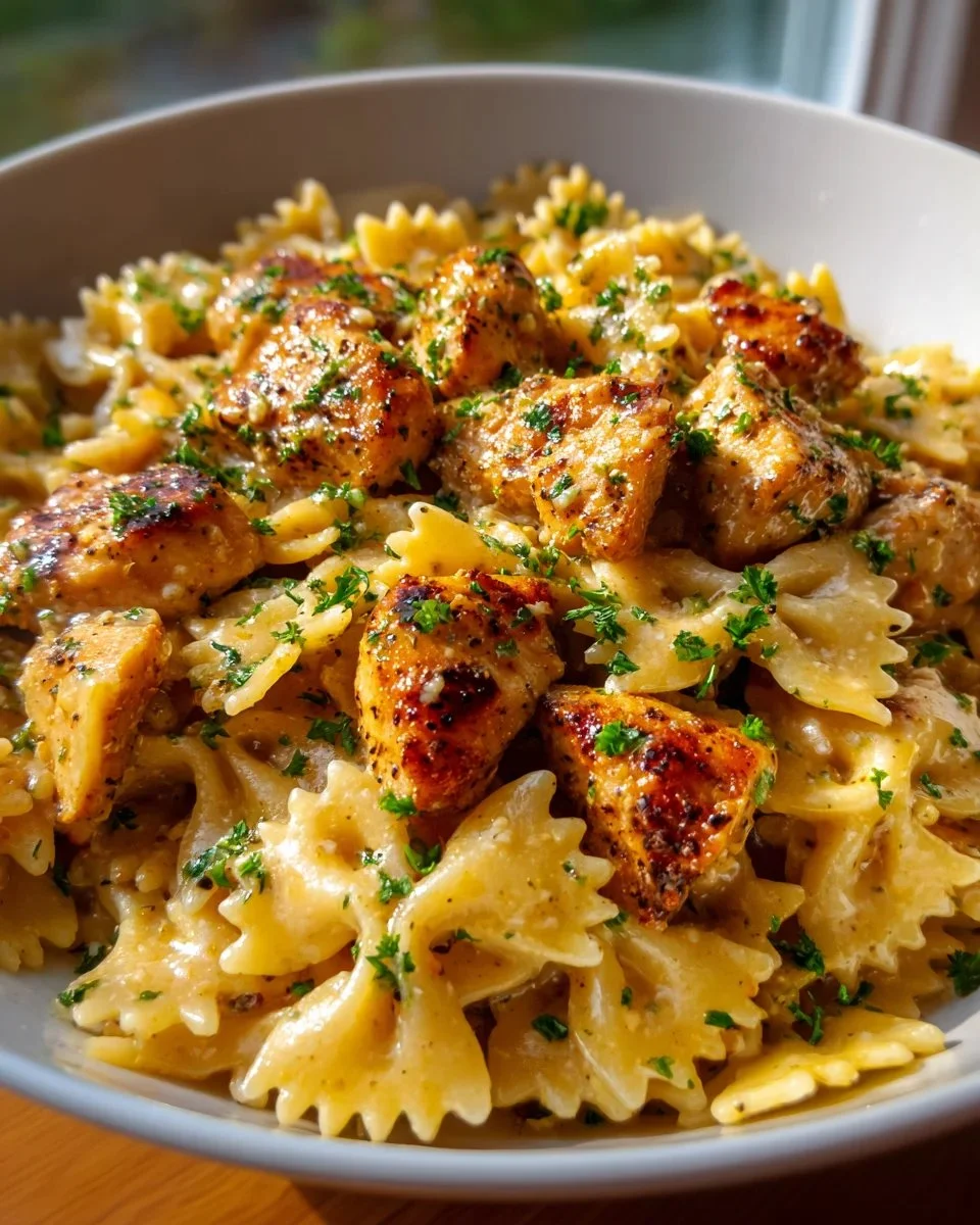 Creamy garlic butter chicken served on bowtie pasta for a delicious dinner