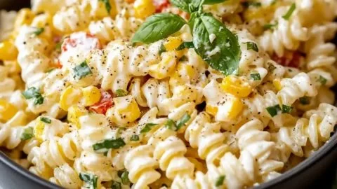 Delicious creamy street corn pasta salad served in a bowl