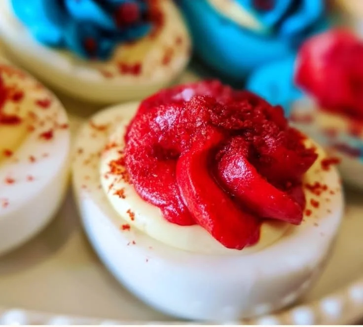 Festive Fourth of July deviled eggs garnished for summer celebrations.