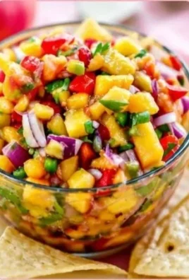 Fresh peach salsa with diced peaches, onions, and cilantro served in a bowl.