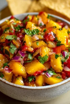 Bowl of fresh peach salsa with diced peaches, cilantro, and lime juice on a table.