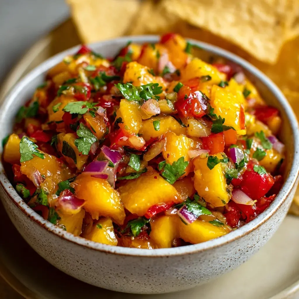 Bowl of fresh peach salsa with diced peaches, cilantro, and lime juice on a table.