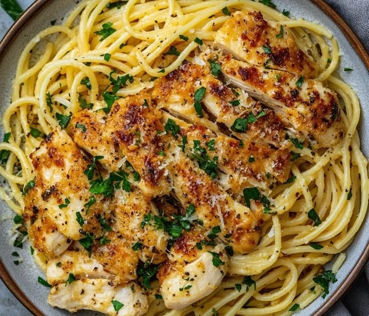 Garlic Butter Chicken Pasta garnished with herbs on a plate