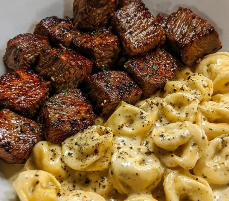 Garlic Butter Steak Bites & Creamy Alfredo Tortellini
