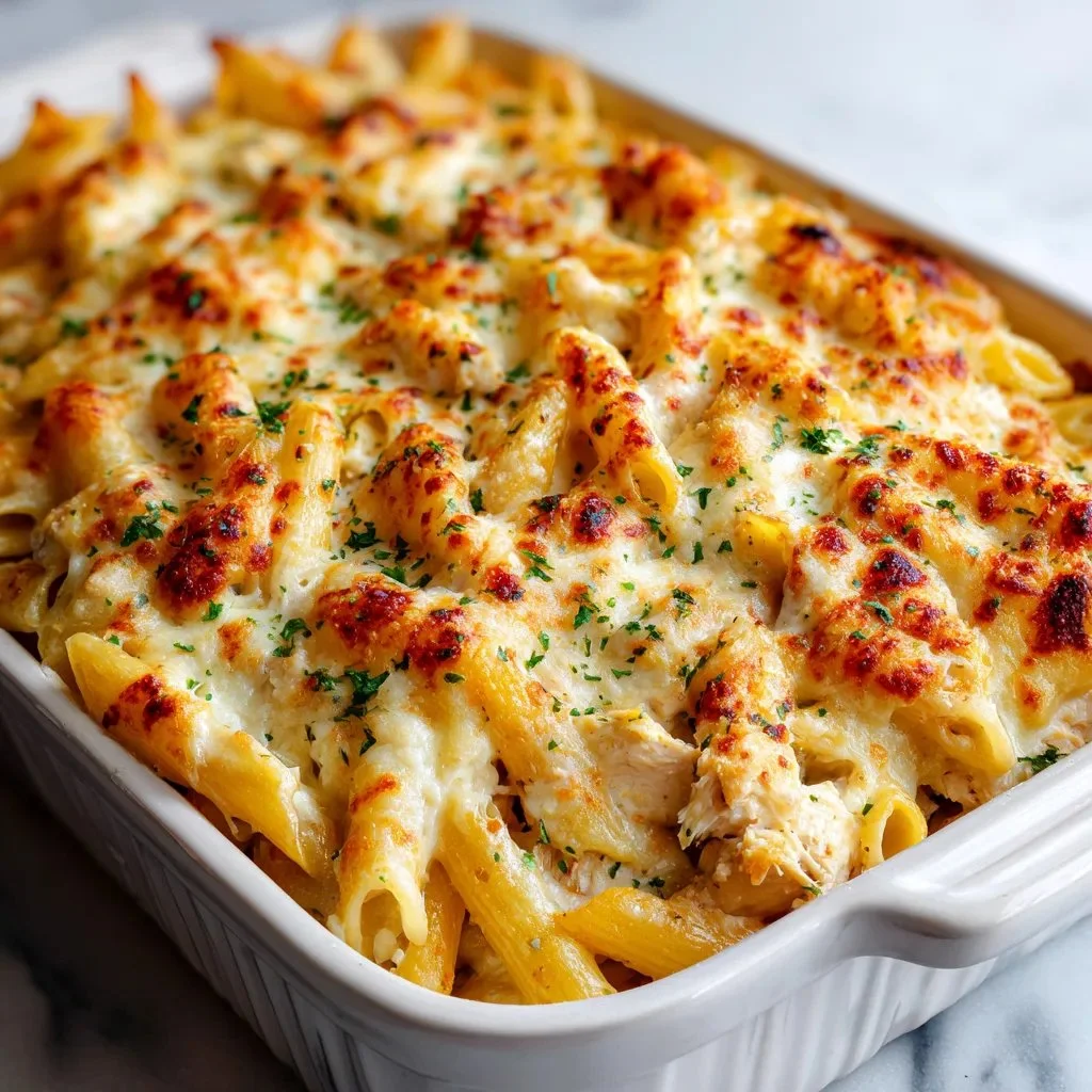 A delicious serving of garlic parmesan chicken pasta bake topped with herbs.
