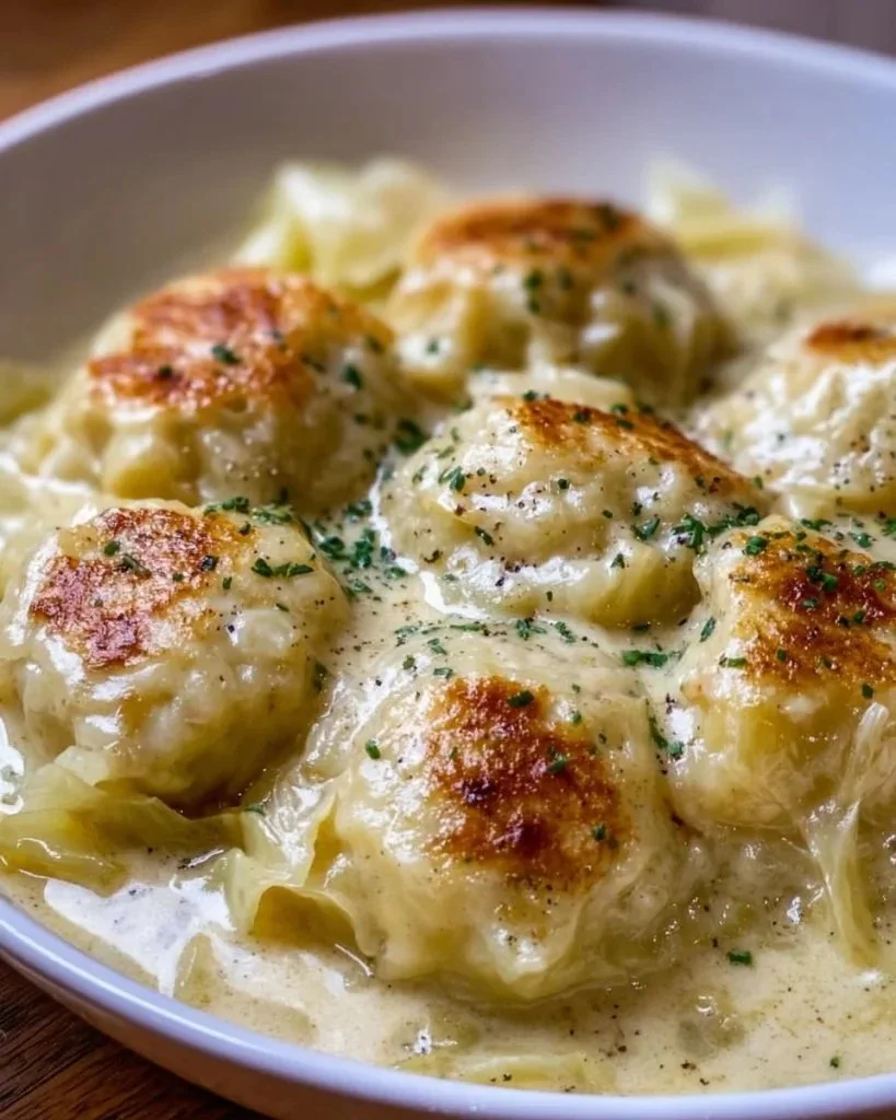Plate of German cabbage and dumplings served with herbs