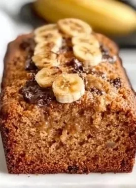 Slice of Greek Yogurt Banana Bread on a wooden table