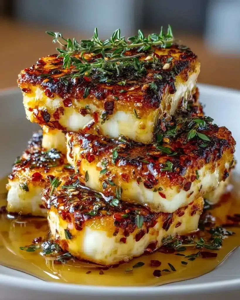 Deliciously grilled halloumi drizzled with hot honey for a savory and sweet appetizer.