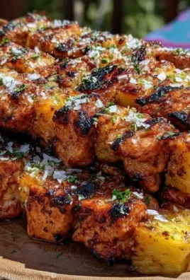 Grilled pineapple chicken skewers served at a festive 4th of July BBQ