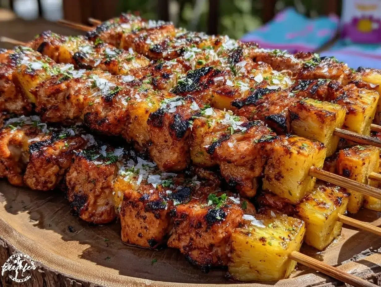 Grilled pineapple chicken skewers served at a festive 4th of July BBQ