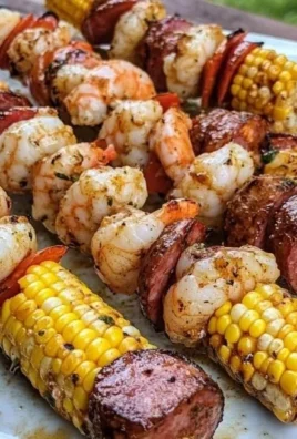 A platter of colorful grilled seafood skewers with shrimp, fish, and vegetables