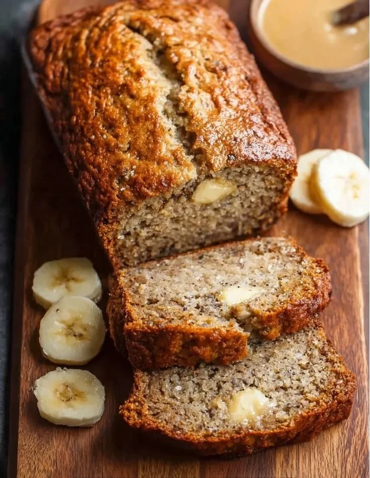 High protein banana bread loaf with sliced pieces on a wooden table