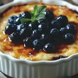 High-protein blueberry cottage cheese breakfast bake topped with fresh blueberries.